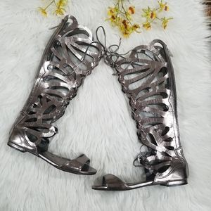 Metallic Silver Lace-Up Gladiator Knee-High Sandals - Women